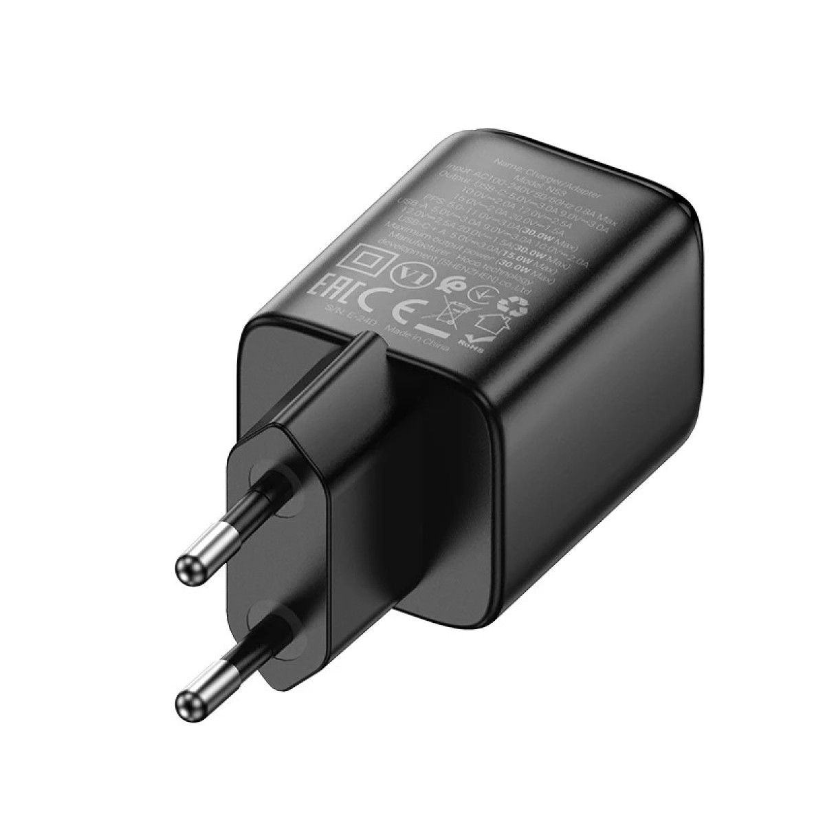 Φορτιστής Ταξιδίου Small Size Hoco N53 Monsoon PD30W QC3.0A GaN με 1xUSB-C και 1xUSB-A + Καλώδιο Φόρτισης Type-C σε Type-C 1m Μαύρος