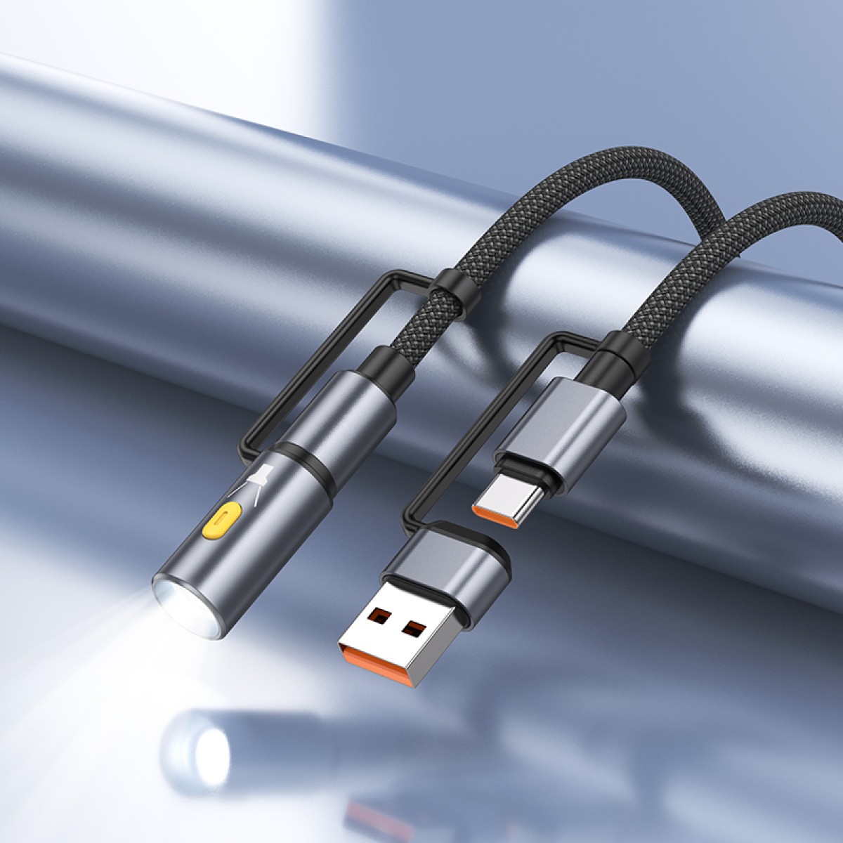 Καλώδιο σύνδεσης Hoco U138 USB-C/USB-A σε USB-C/Φακό 3A 1.2m Braided Μαύρο