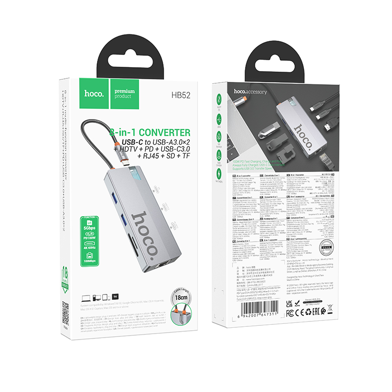 Hub USB-C Hoco HB52 Wow 8-in-1 με HDTV + RJ45 + SD/TF+ PD + Type-C 3.0 + 2x USB 3.0 Γκρι 18cm