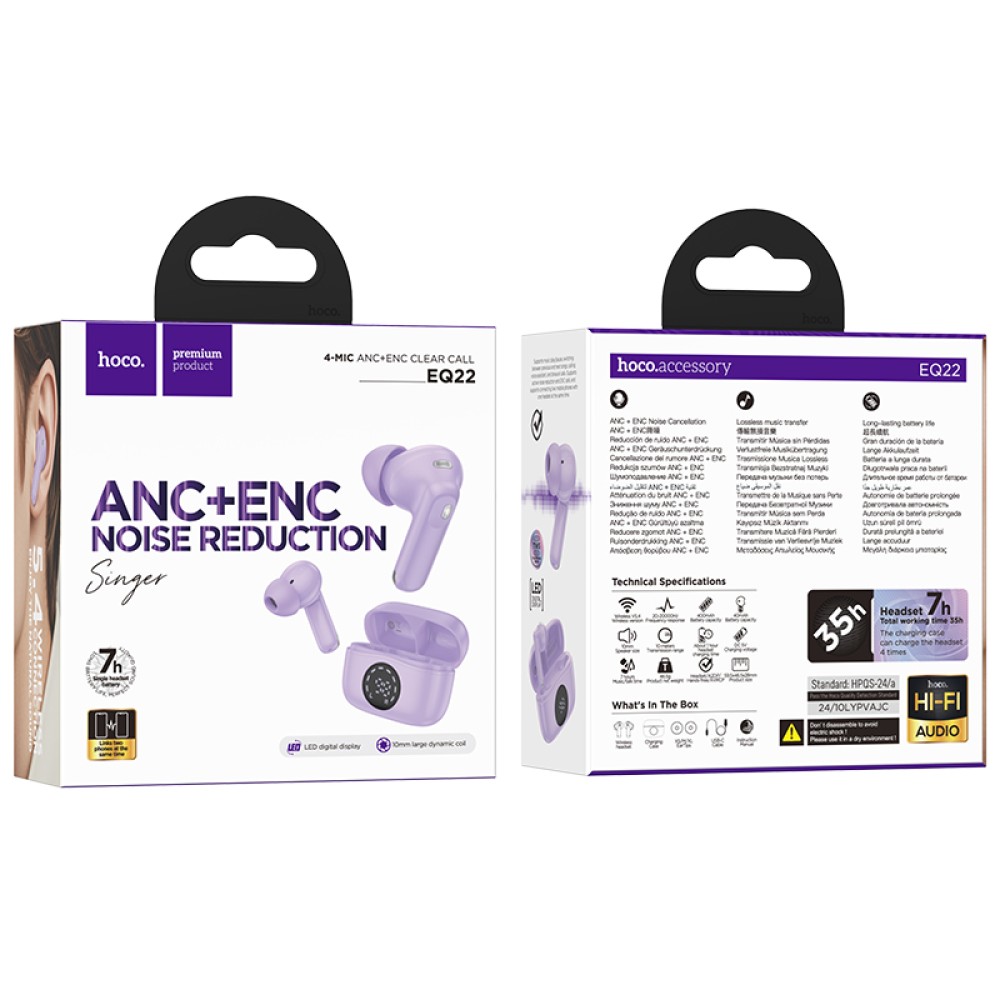 Wireless Hands Free Hoco EQ22 Singer TWS V5.4 400mAh με 7 Ώρες Λειτουργίας και Εναλλαγή Master/Slave Μωβ