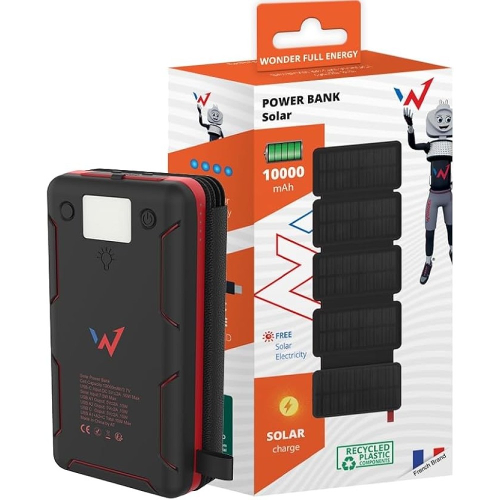 Ηλιακό Power Bank Wonder WX10S 10000mAh με 2 x USB-A και 1 x USB-C Έξοδο και Φακό Μαύρο