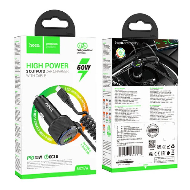 Φορτιστής Αυτοκινήτου Hoco NZ17A Avant-garde 1xUSB-A και 2xUSB-C 50W PD+QC με Καλώδιο Type-C Black