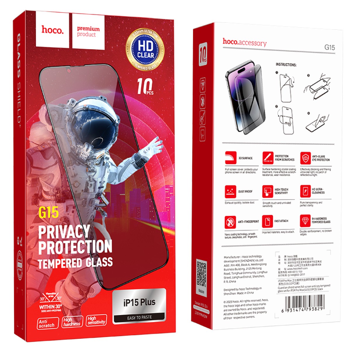 Tempered Glass Hoco Premium Series G15 0.33mm 30 Μοίρες Privacy Angle για Apple iPhone 15 Plus/16 Plus Σετ 10τεμ.