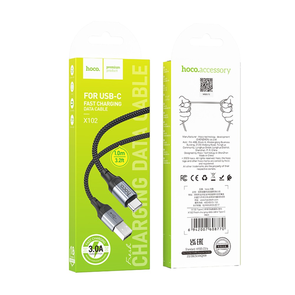 Καλώδιο σύνδεσης Hoco X102 Fresh USB-A σε USB-C 3A Braided 1m Μαύρο