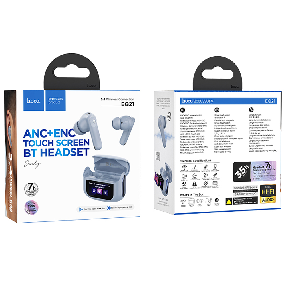 Wireless Hands Free Hoco EQ21 Sandy V5.4 με Active Noise Cancellation και ENC TWS 400mAh 7 Ώρες Ομιλίας Μπλε