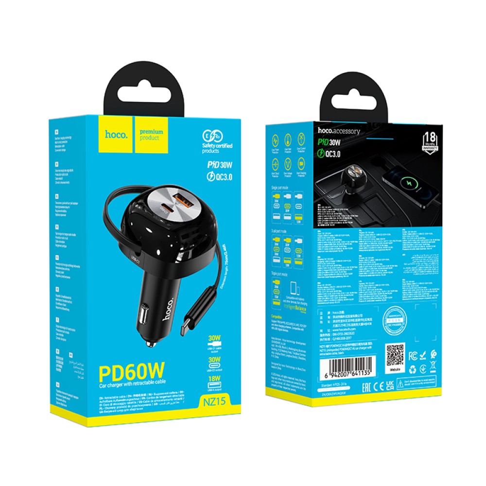 Φορτιστής Αυτοκινήτου Hoco NZ15 Unimpeded PD60W με 1x USB-C και 1x USB-A με Αναδιπλούμενο USB-C Καλώδιο 75cm Μαύρος