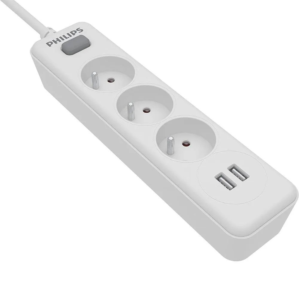 Πολύπριζο Philips SPN3032WA/19 με 3 Θύρες Εισαγωγής Σούκο Διακόπτη On/Off και 2 Θύρες USB Καλώδιο 2m Λευκό