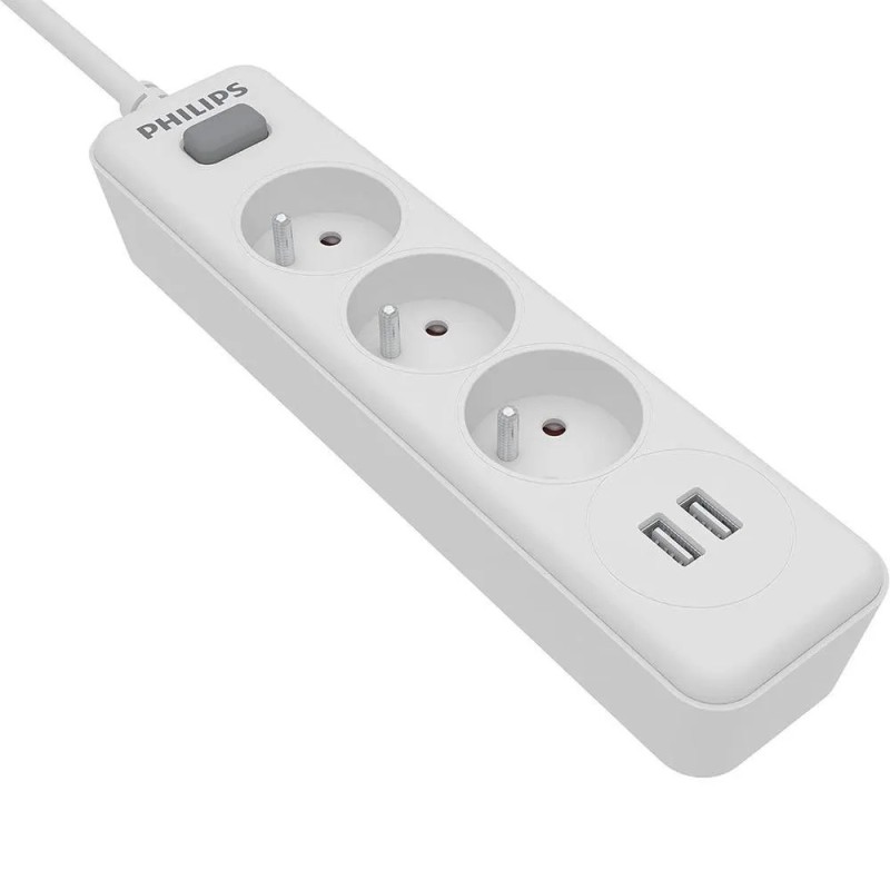 Πολύπριζο Philips SPN3032WA/19 με 3 Θύρες Εισαγωγής Σούκο Διακόπτη On/Off και 2 Θύρες USB Καλώδιο 2m Λευκό