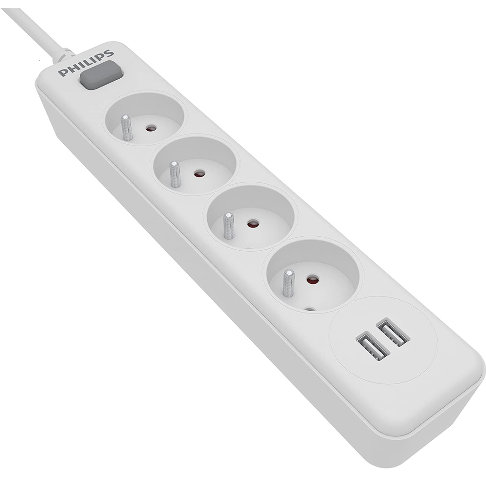Πολύπριζο Philips SPN3042WA/19 με 4 Θύρες Εισαγωγής Σούκο Διακόπτη On/Off και 2 Θύρες USB Καλώδιο 2m Λευκό