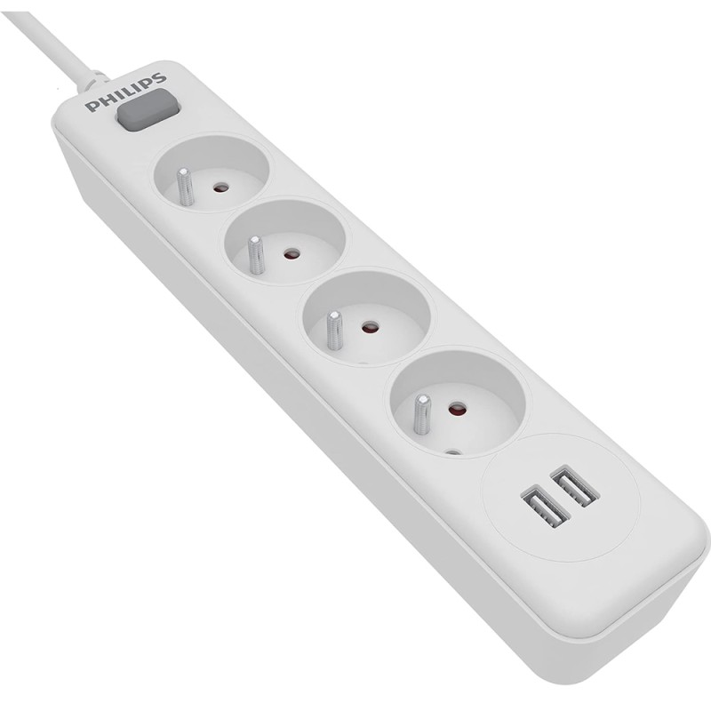 Πολύπριζο Philips SPN3042WA/19 με 4 Θύρες Εισαγωγής Σούκο Διακόπτη On/Off και 2 Θύρες USB Καλώδιο 2m Λευκό