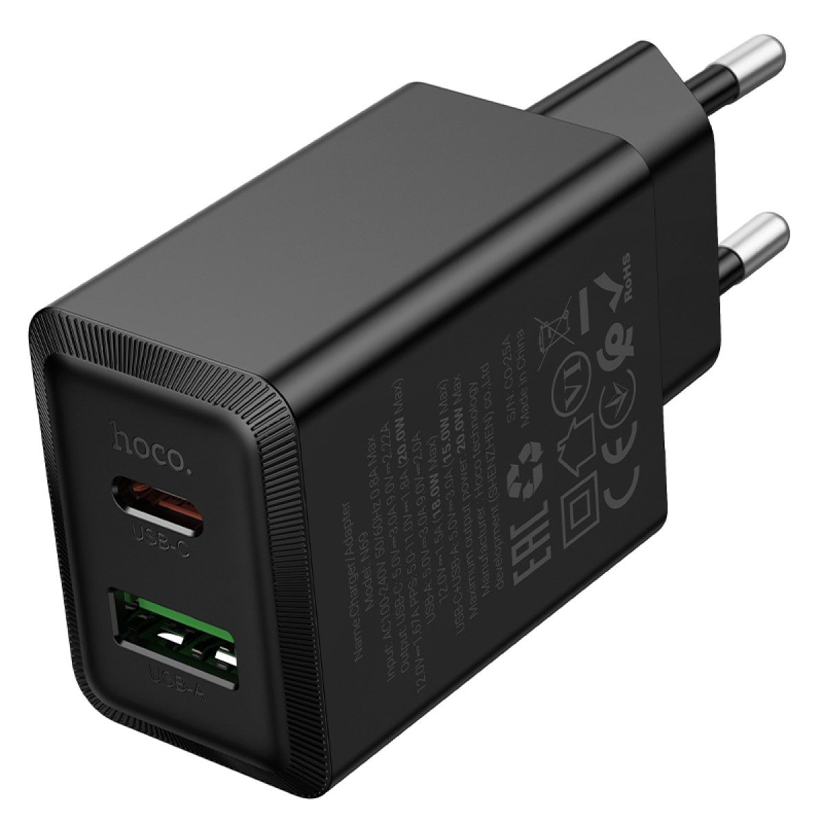 Φορτιστής Ταξιδίου Hoco N69 Nuevo PD20W QC3.0A 5V με 2 Εξόδους Φόρτισης 1xUSB-C και 1xUSB-A Μαύρος