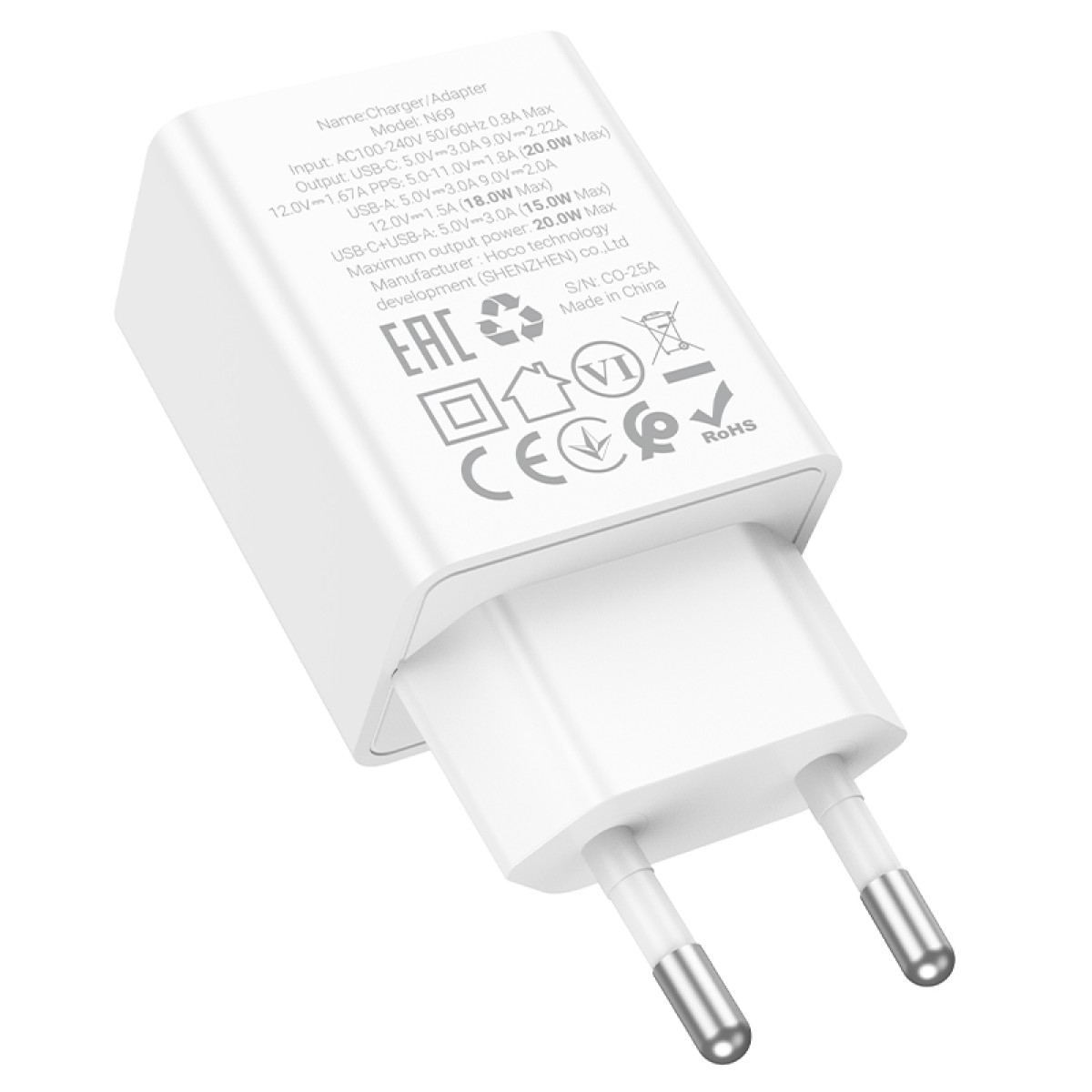 Φορτιστής Ταξιδίου Hoco N69 Nuevo PD20W 5V QC3.0A με 2 Εξόδους Φόρτισης 1xUSB-C και 1xUSB-A Λευκός