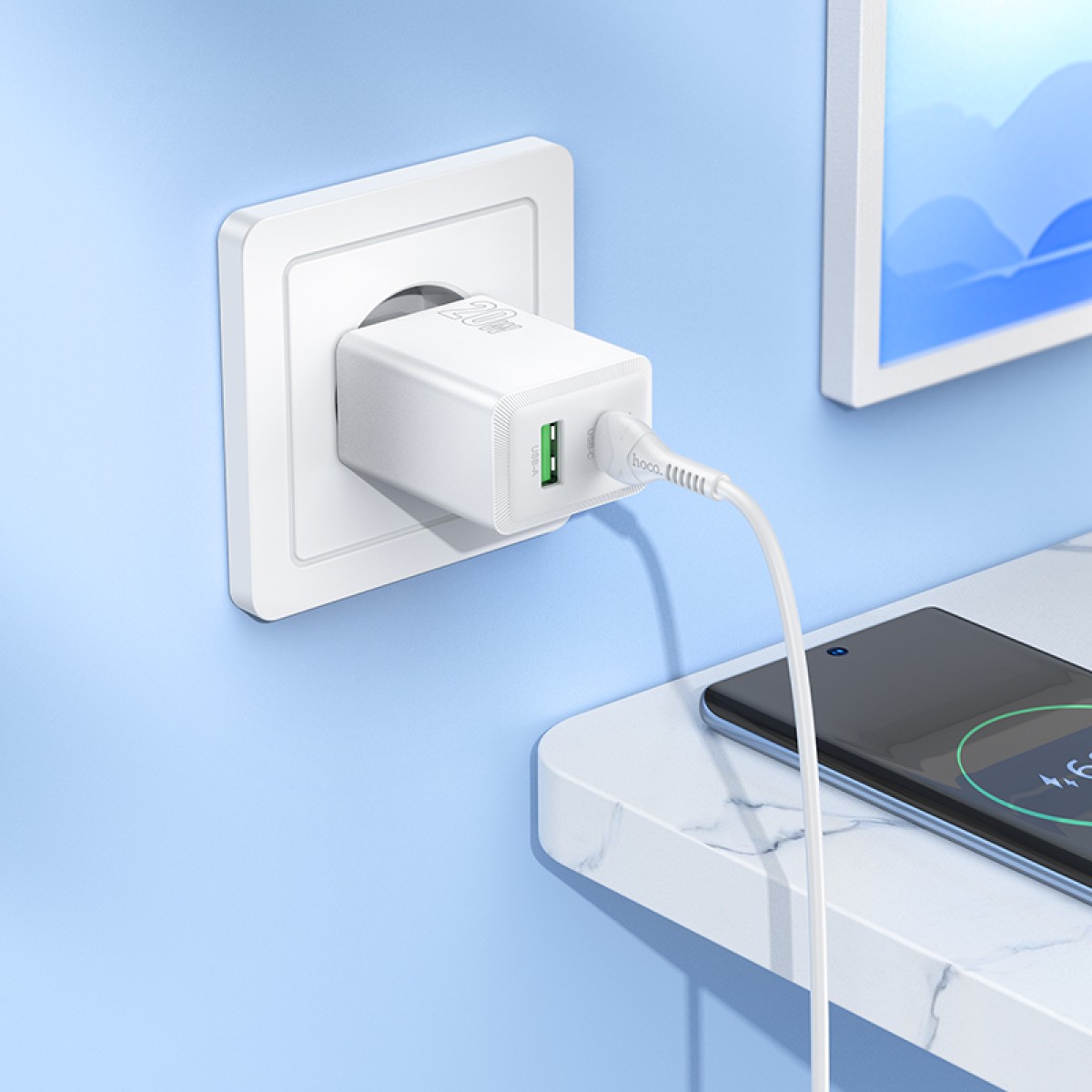 Φορτιστής Ταξιδίου Hoco N69 Nuevo PD20W 5V QC3.0A με 2 Εξόδους Φόρτισης 1xUSB-C και 1xUSB-A Λευκός