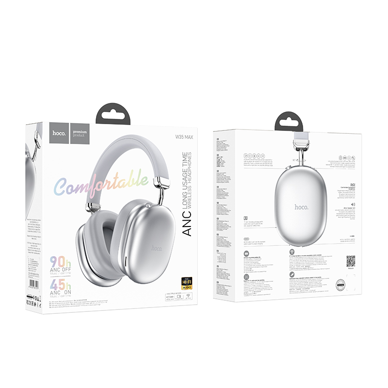 Wireless Ακουστικά Stereo Hoco W35 Max V5.4 800mAh με υποδοχή Micro SD και AUX ANC Ασημί