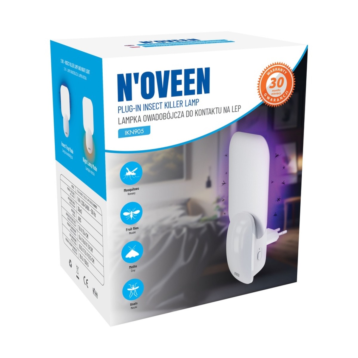 Ηλεκτρική Εντομοπαγίδα Πρίζας N'oveen IKN905 UV LED Ακτίνα 30m² και Φως Νυκτός