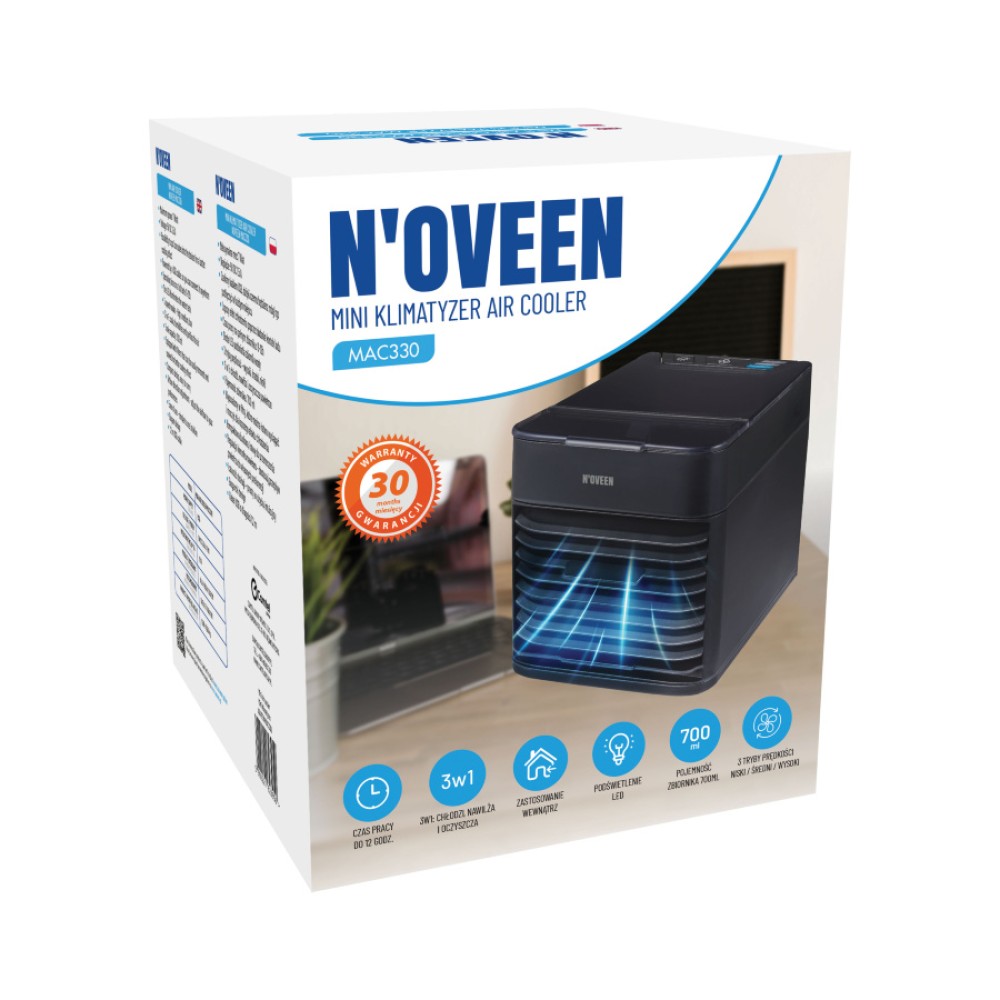 Mini Air Cooler N'oveen MAC330 3 σε 1 7W με LED Φωτισμό και Επιλογή Ταχύτητας Αέρα