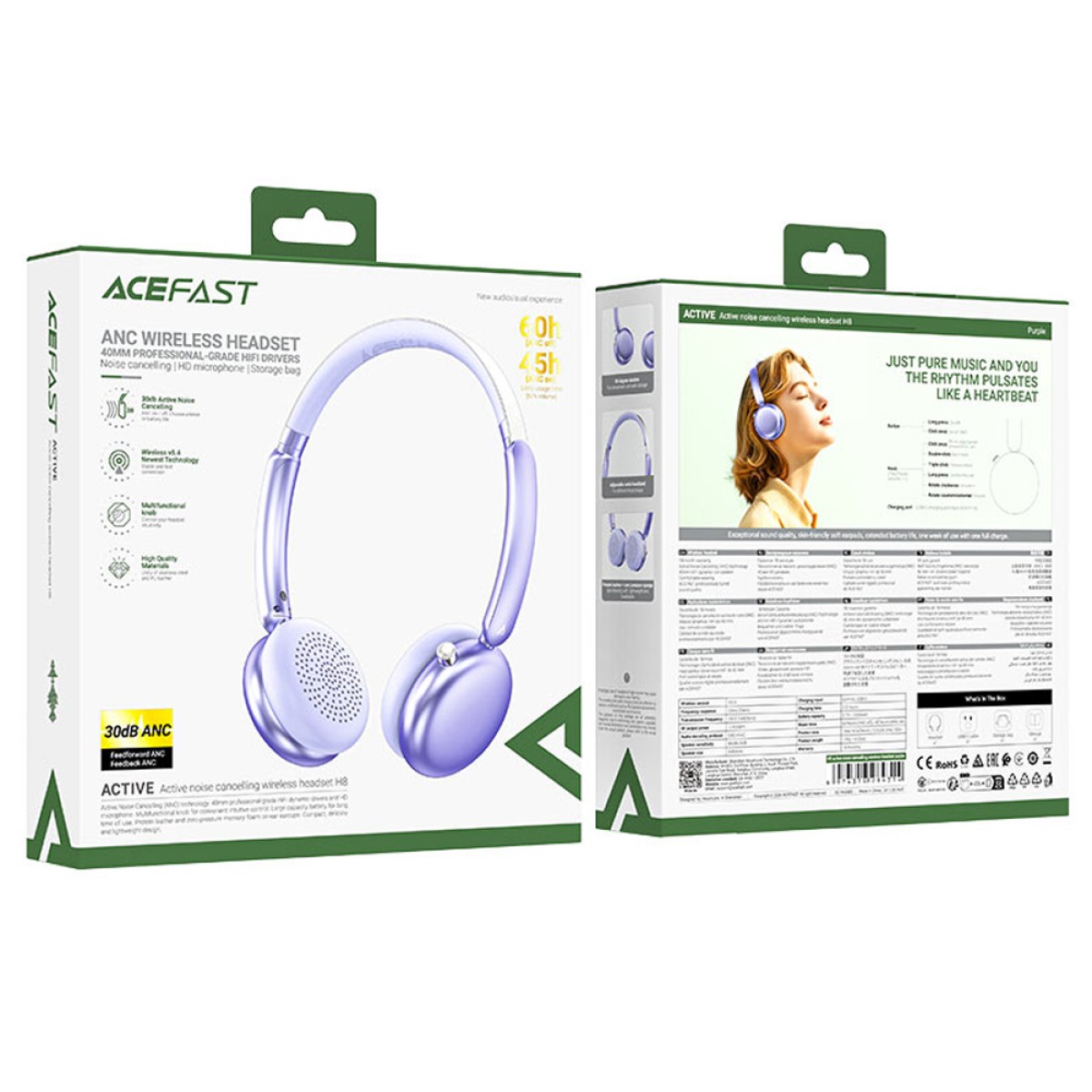 Wireless Ακουστικά Stereo Acefast H8 500mAh v5.4 ANC με Μικρόφωνο Μωβ