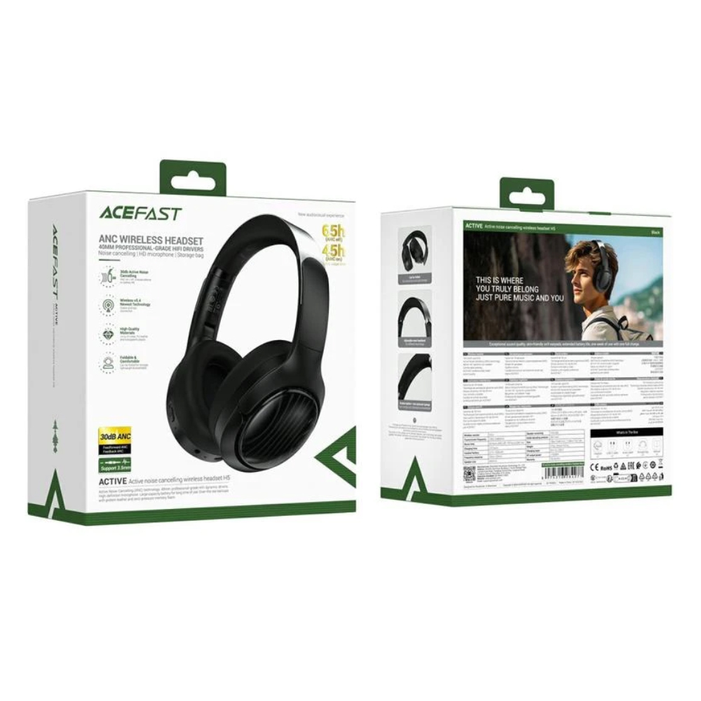 Wireless Ακουστικά Hi-Fi Stereo Acefast H5 30db ANC AUX 500mAh v5.4 Μαύρα με HD Μικρόφωνο Memory Foam Μαξιλαράκια και Θήκη