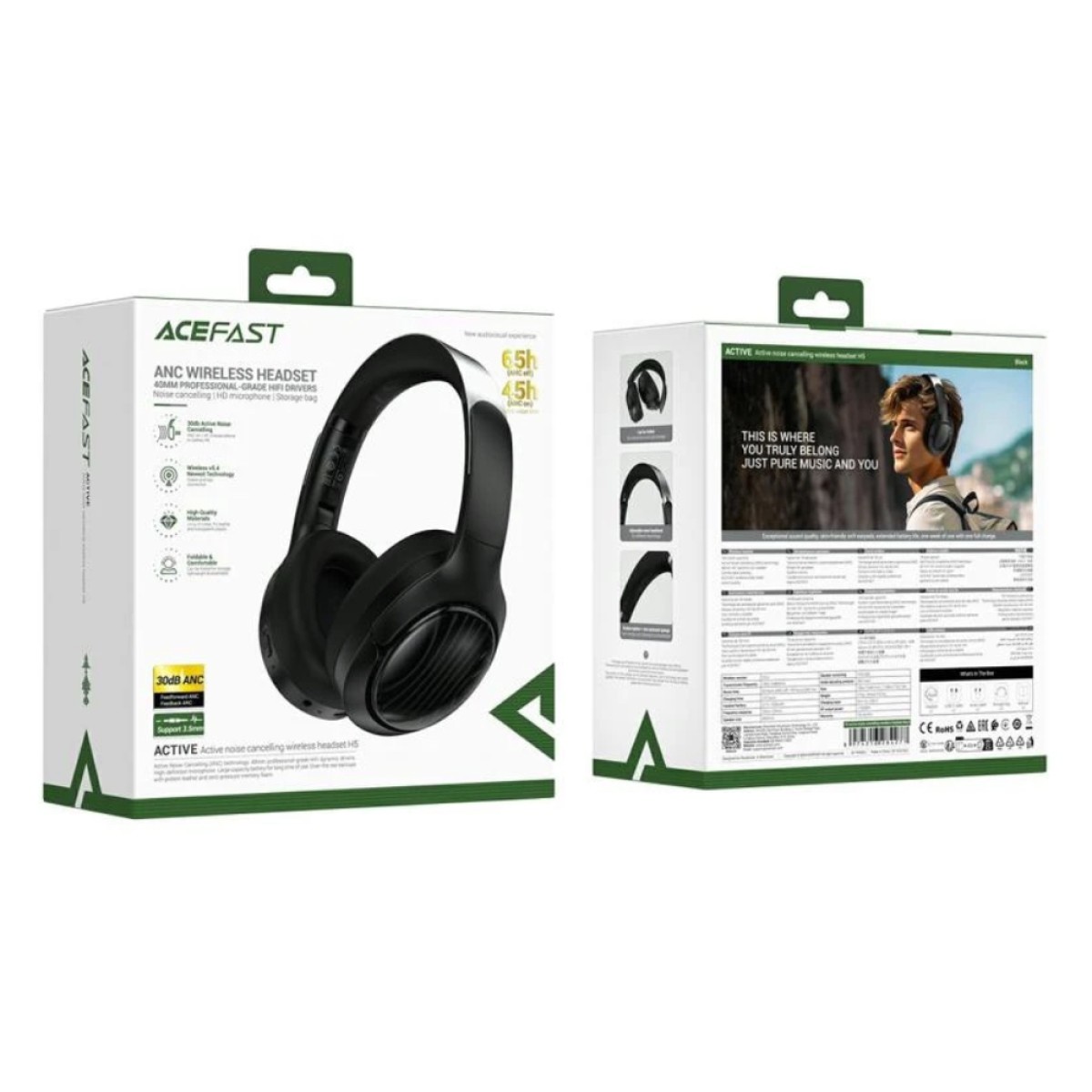 Wireless Ακουστικά Hi-Fi Stereo Acefast H5 30db ANC AUX 500mAh v5.4 Μαύρα με HD Μικρόφωνο Memory Foam Μαξιλαράκια και Θήκη