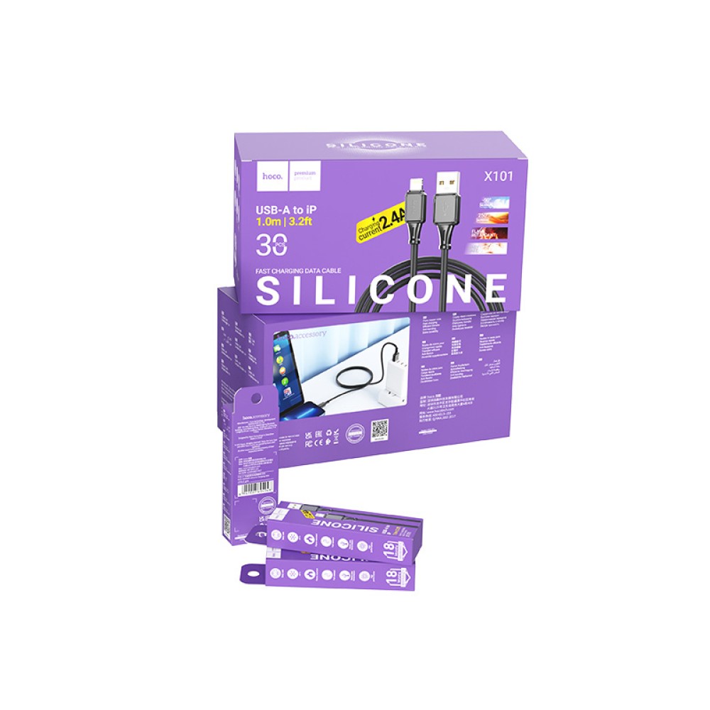 Καλώδιο Σύνδεσης Hoco X101 Silicon Assistant USB-A σε Lightning Fast Charging 2.4A Μαύρο 1m Σετ 30 τμχ