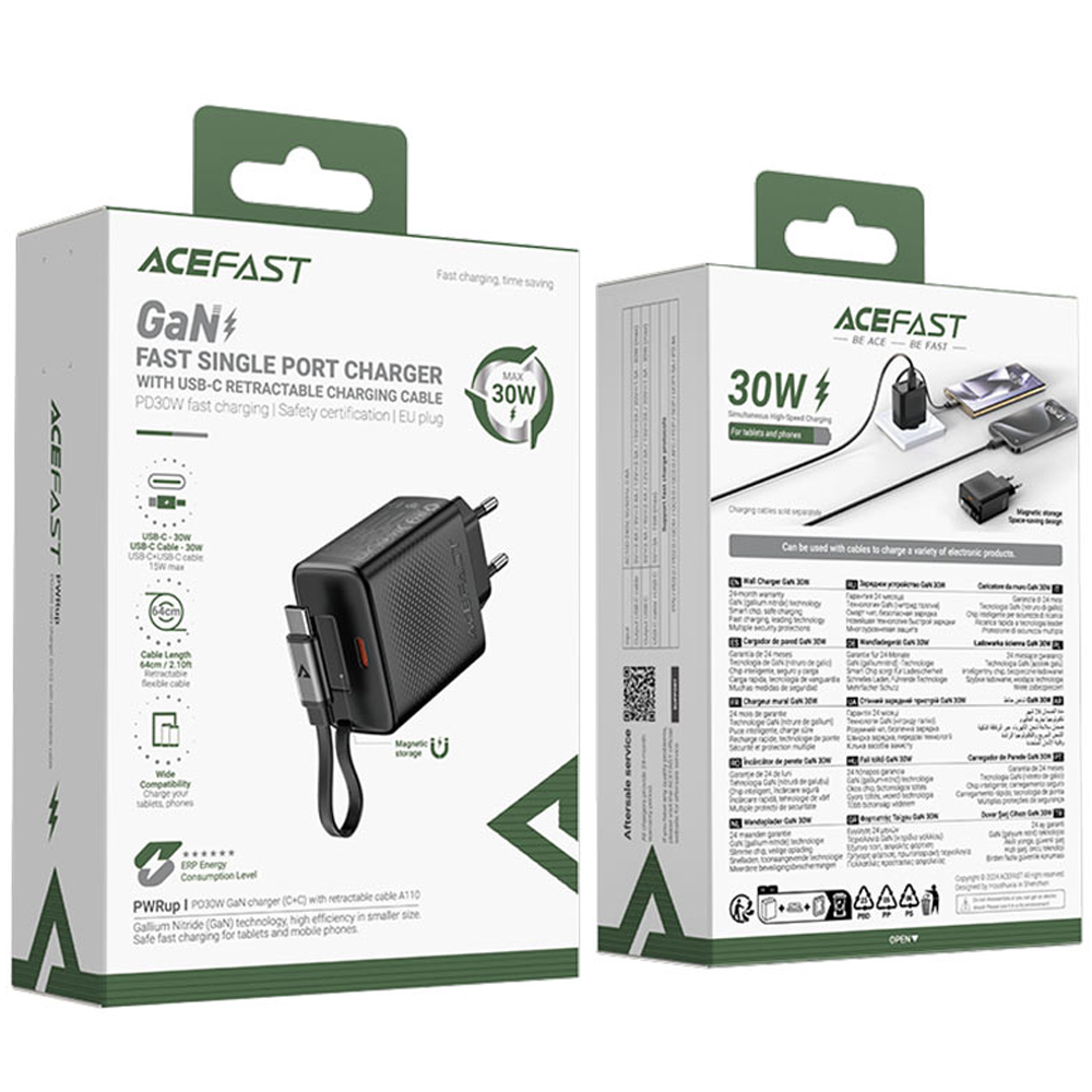 Φορτιστής Ταξιδίου Acefast A110 Fast Charging USB-C PD30W QC3.0 GaN και Αναδιπλούμενο Καλώδιο USB-C 0.64m Μαύρος