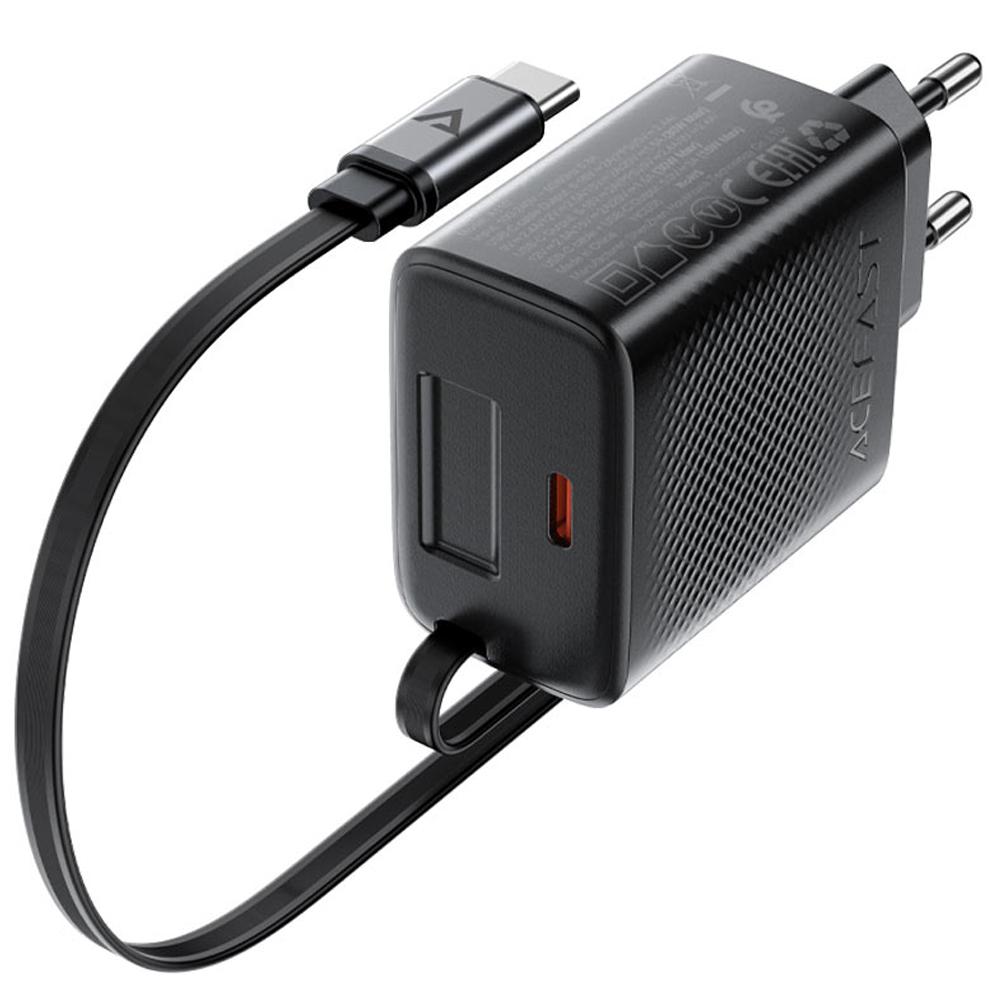 Φορτιστής Ταξιδίου Acefast A110 Fast Charging USB-C PD30W QC3.0 GaN και Αναδιπλούμενο Καλώδιο USB-C 0.64m Μαύρος