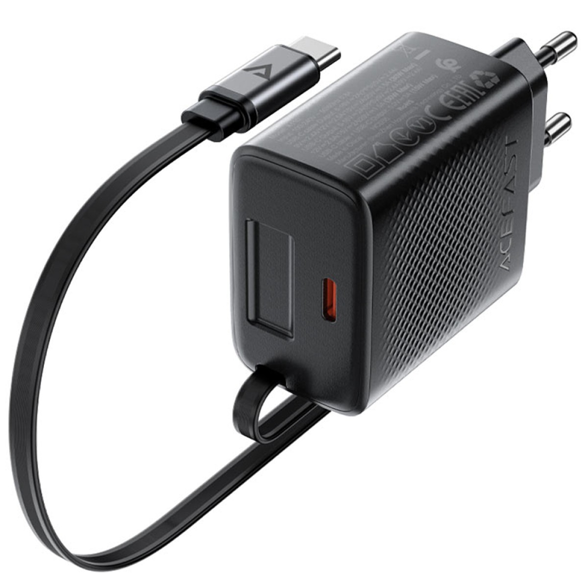 Φορτιστής Ταξιδίου Acefast A110 Fast Charging USB-C PD30W QC3.0 GaN και Αναδιπλούμενο Καλώδιο USB-C 0.64m Μαύρος