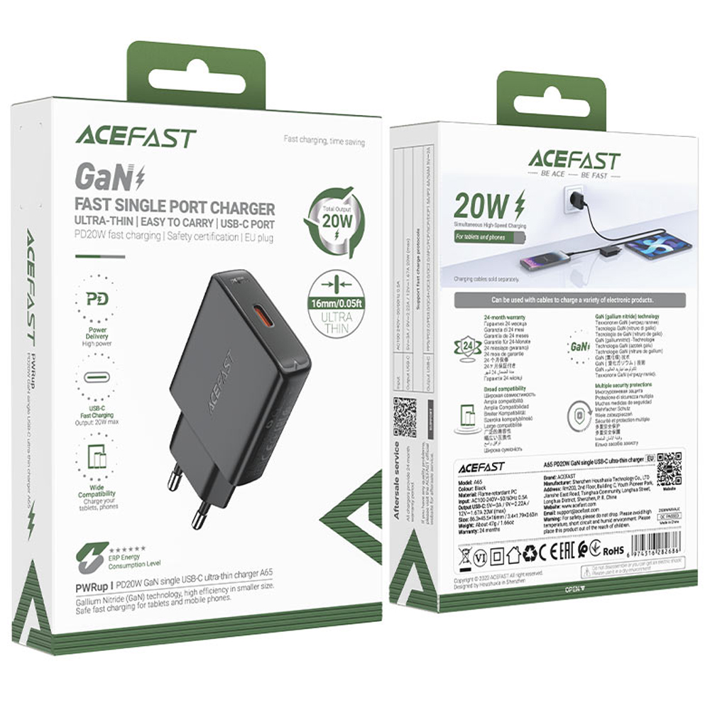 Φορτιστής Ταξιδίου Acefast A65 Ultra Thin Fast Charging 1xUSB-C PD20W QC3.0 GaN Μαύρος