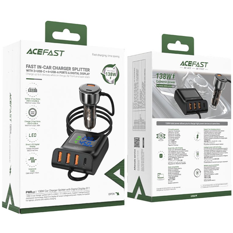 Acefast B11 Φορτιστής Αυτοκινήτου 138W με 4xUSB-A 2xUSB-C με Hub Splitter με Καλώδιο 1.10m και LED Ένδειξη Μαύρος