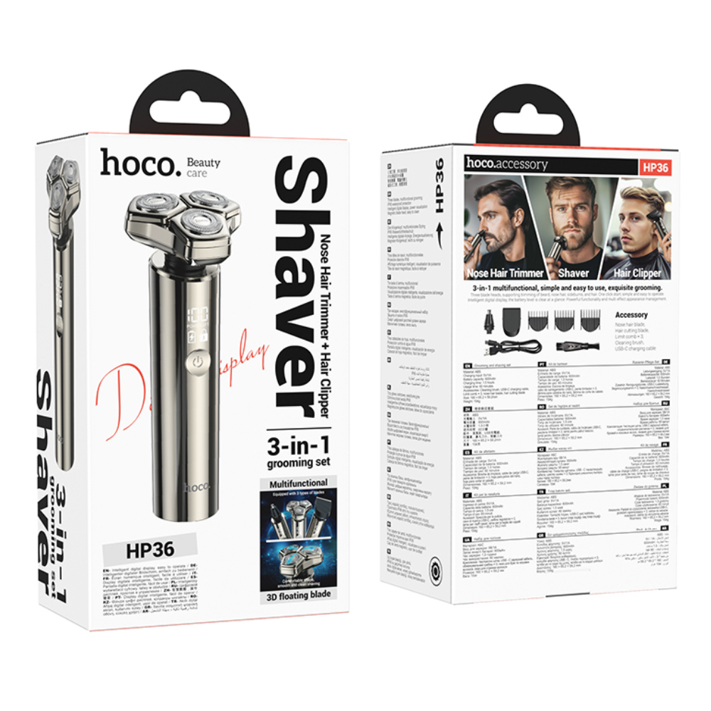 Επαναφορτιζόμενη Ξυριστική Μηχανή & Trimmer Hoco HP36 600mAh με 3 Κεφαλές και LED Ένδειξη Μπαταρίας και Φόρτισης Μεταλλικό Γκρι