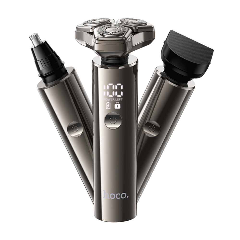 Επαναφορτιζόμενη Ξυριστική Μηχανή & Trimmer Hoco HP36 600mAh με 3 Κεφαλές και LED Ένδειξη Μπαταρίας και Φόρτισης Μεταλλικό Γκρι