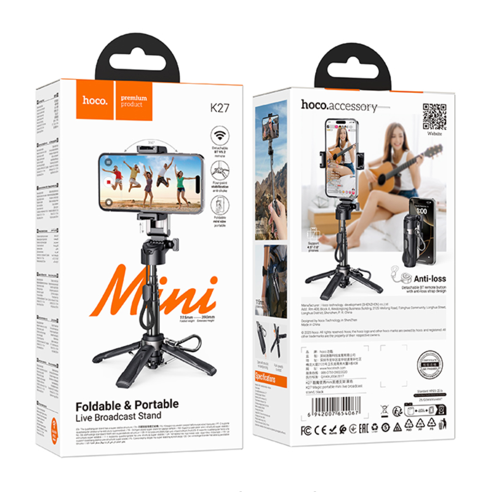 Βάση Στήριξης και Selfie Stick Hoco K27 Magic Mini για Συσκευές 4.5"- 7" με Τηλεχειρισμό Bluetooth v5.2 55mAh και Δυνατότητα Επέκτασης