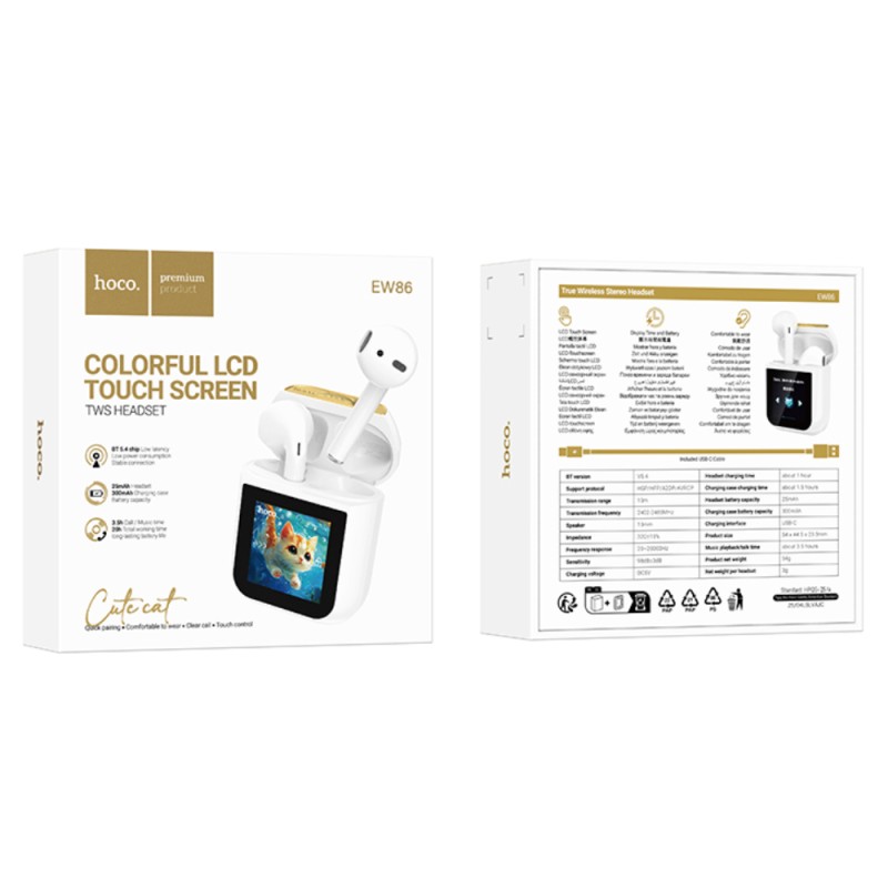 Wireless Hands Free Hoco EW86 Cat v5.4 300mAh 3.5 Ώρες Ομιλίας και Οθόνη Αφής Πολλαπλών Λειτουργιών Λευκά