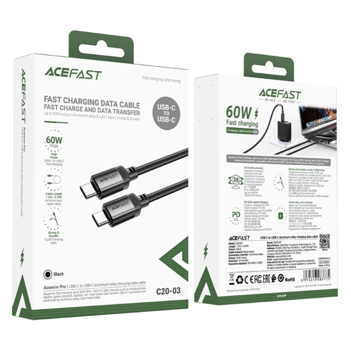 Καλώδιο Acefast C20-03 Μεταλλικό USB-C σε USB-C 60W 20V/3A USB2.0 Braided Μαύρο 1.2m
