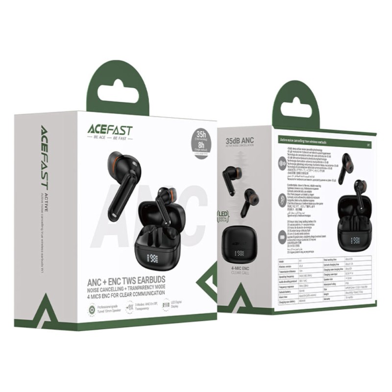 Wireless Earphones Hands Free Acefast W1 TWS v5.4 400mAh 8hr Λειτουργίας ANC 4-Mic ENC Τεχνολογία IPX4 με LED Ένδειξη Μπαταρίας Μαύρα