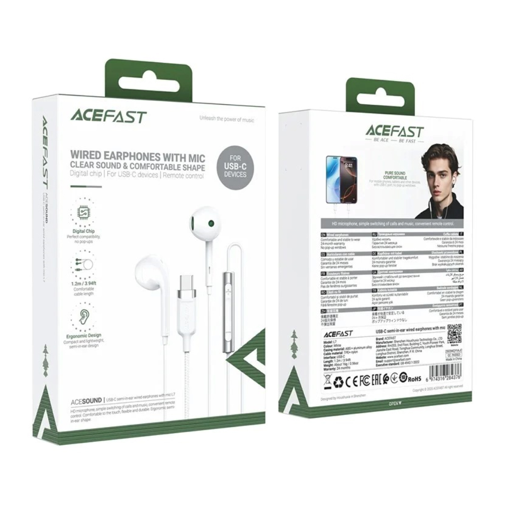 Hands Free Acefast L7 Earphones Stereo USB-C με Μικρόφωνο Braided Λευκό 1.2m. Συμβατά με Όλες τις Συσκευές USB-C.
