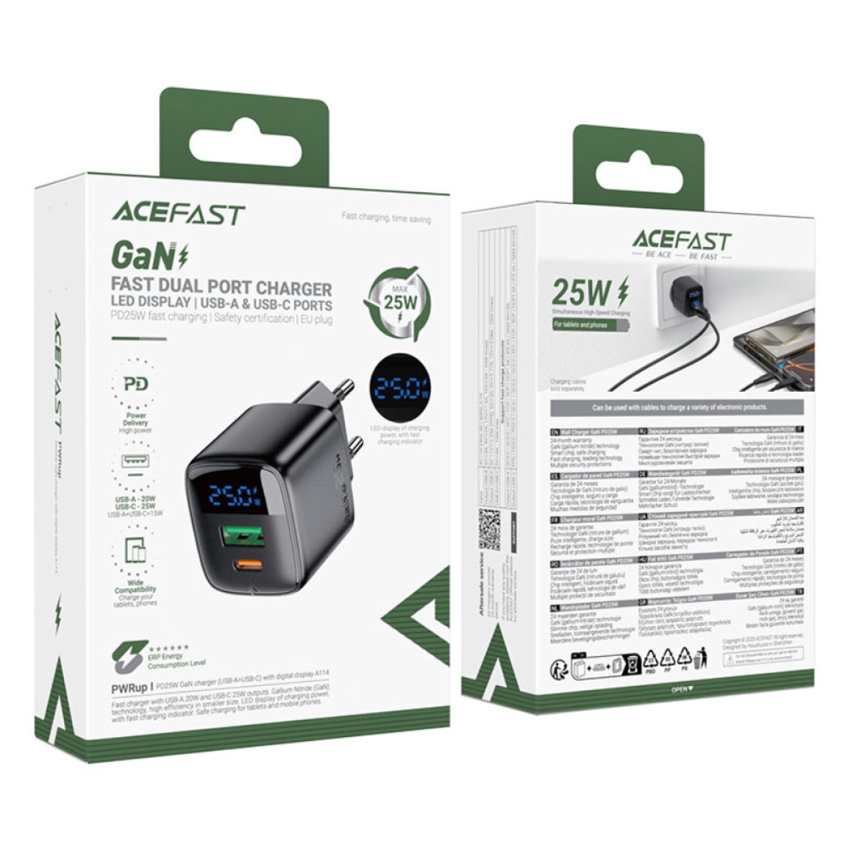 Φορτιστής Ταξιδίου Acefast A114 Fast Charging 1xUSB-A + 1xUSB-C PD25W QC3.0 GaN με LED Ένδειξη Μαύρος