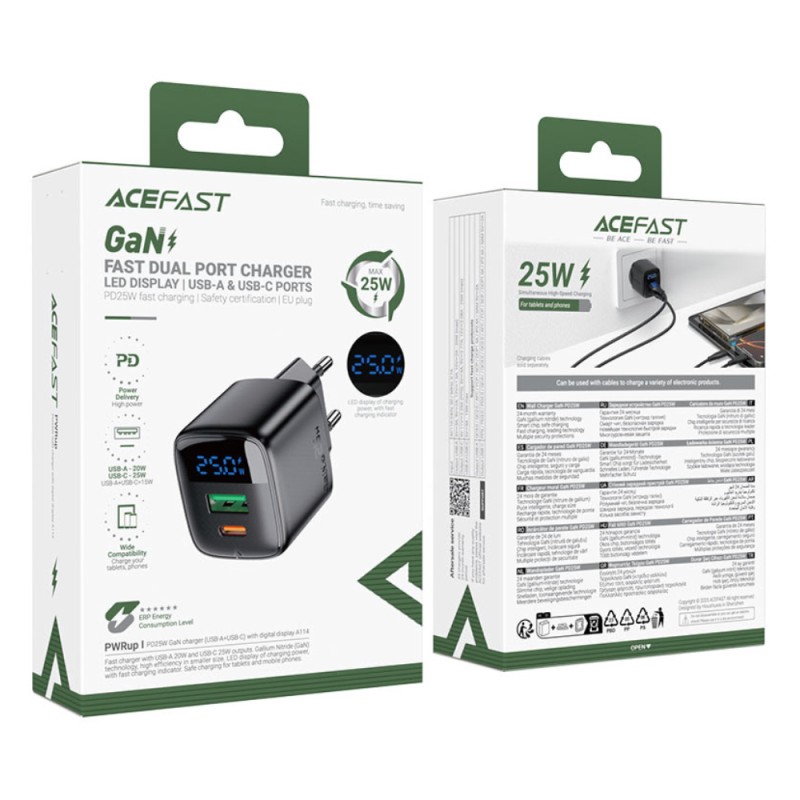 Φορτιστής Ταξιδίου Acefast A114 Fast Charging 1xUSB-A + 1xUSB-C PD25W QC3.0 GaN με LED Ένδειξη Μαύρος