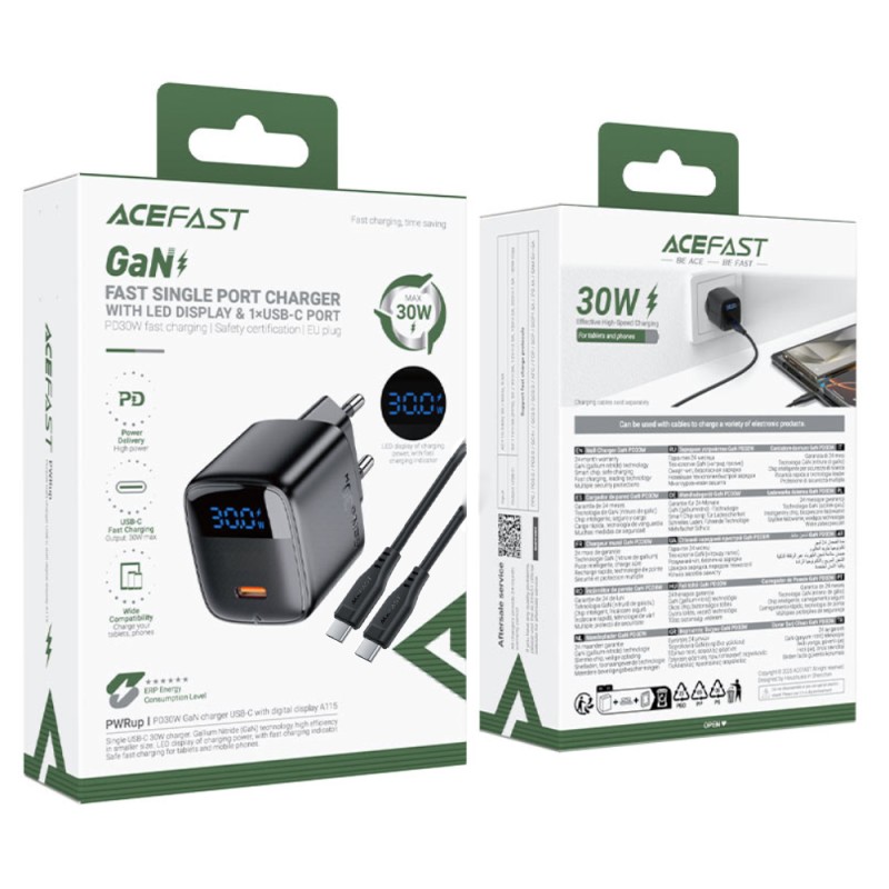 Φορτιστής Ταξιδίου Acefast A115 Fast Charging USB-C PD30W 3.0A GaN με LED Ένδειξη Φόρτισης + Καλώδιο USB-C σε USB-C Μαύρος