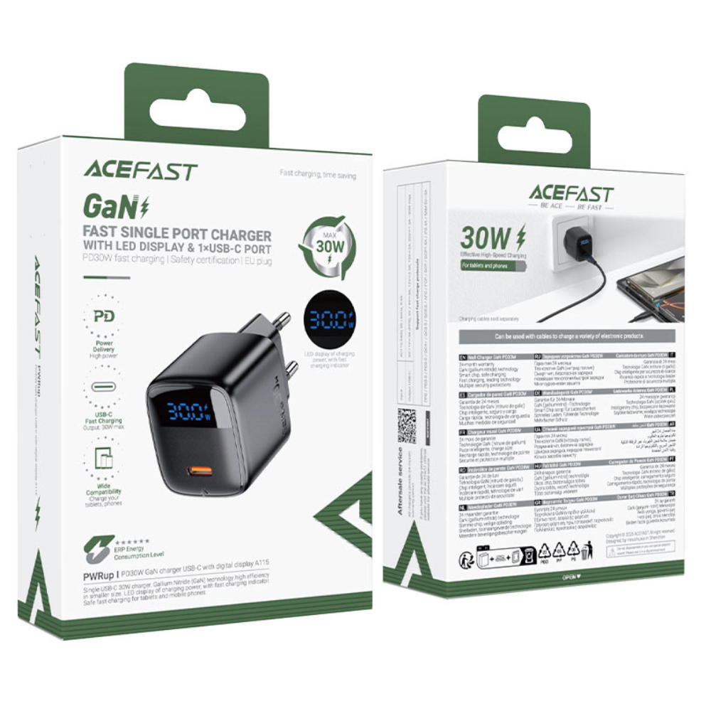 Φορτιστής Ταξιδίου Acefast A115 Fast Charging USB-C PD30W 3.0A GaN με LED Ένδειξη Φόρτισης Μαύρος
