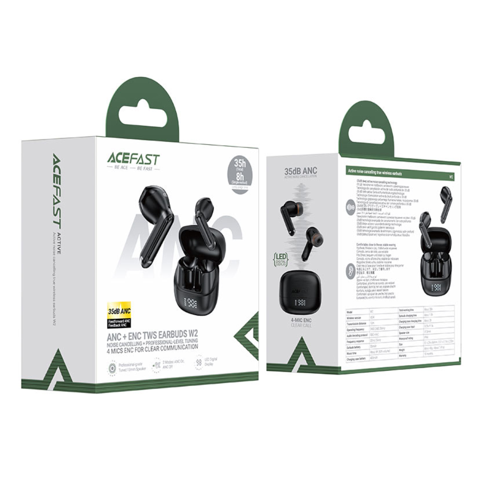Wireless Earphones Hands Free Acefast W2 TWS v5.4 400mAh 8hr Λειτουργίας ANC και 4-Mic ENC Τεχνολογία IPX4 με LED Display Μαύρα