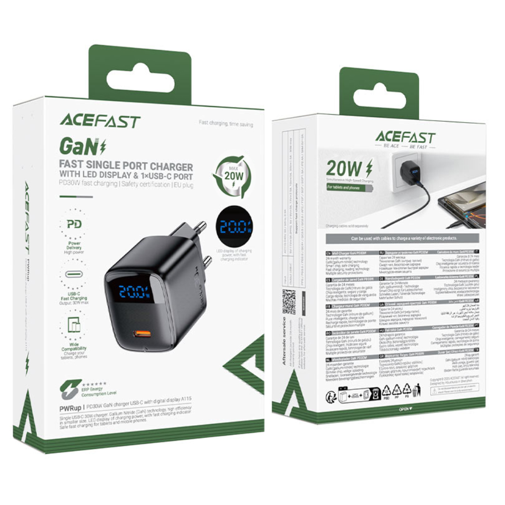 Φορτιστής Ταξιδίου Acefast A113 Fast Charging USB-C PD20W GaN με Digital Ένδειξη Φόρτισης + Καλώδιο USB-C σε USB-C Μαύρος
