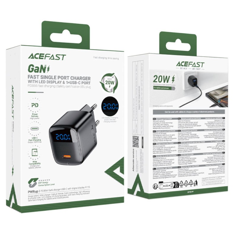 Φορτιστής Ταξιδίου Acefast A113 Fast Charging USB-C PD20W GaN με Digital Ένδειξη Φόρτισης + Καλώδιο USB-C σε USB-C Μαύρος