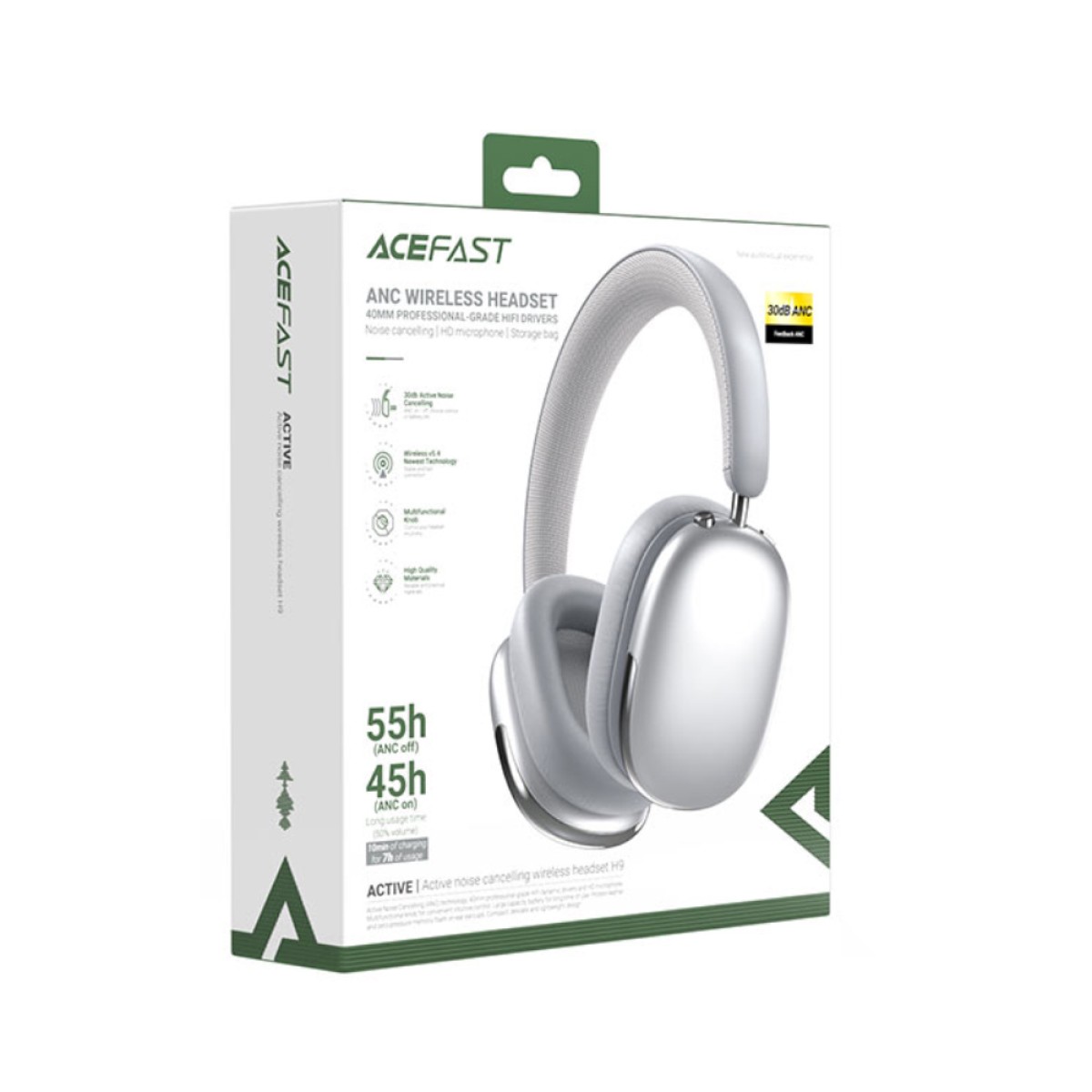 Wireless Ακουστικά Stereo Acefast H9 500mAh v5.4 30dB ANC με Μικρόφωνο και Πλήκτρο Λειτουργιών Ασημί