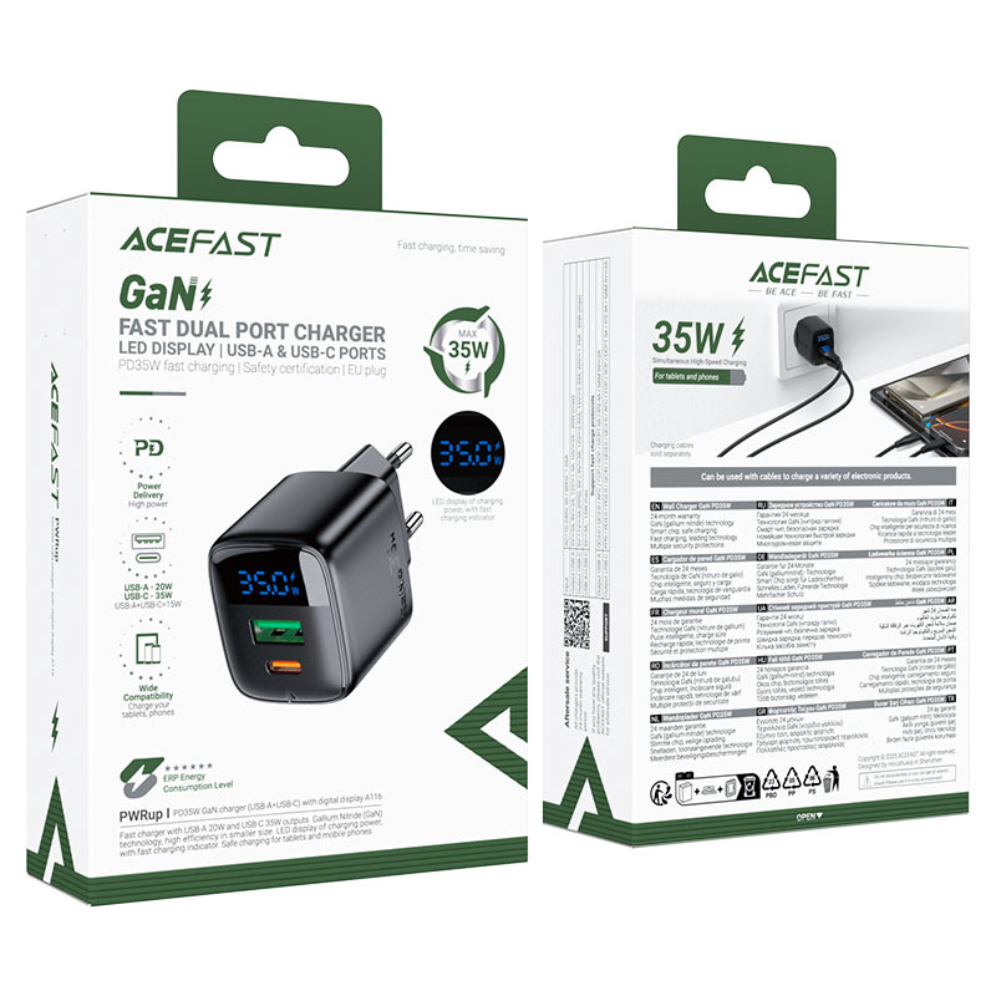 Φορτιστής Ταξιδίου Acefast A116 Fast Charging USB-C PD35W GaN με Digital Ένδειξη Μαύρος