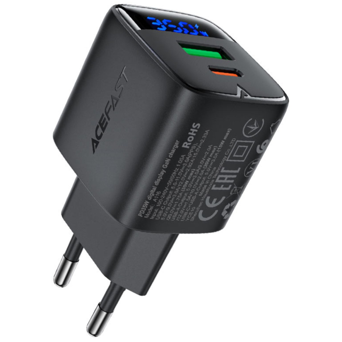 Φορτιστής Ταξιδίου Acefast A116 Fast Charging USB-C PD35W GaN με Digital Ένδειξη Μαύρος