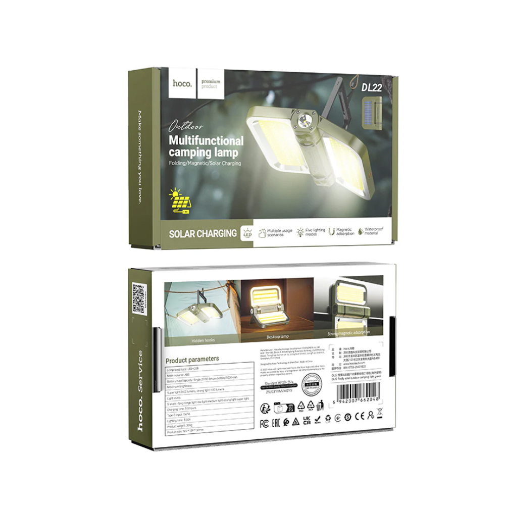 Φωτιστικό LED Εξωτερικού Χώρου Hoco DL22 με Ηλιακό Συλλέκτη, Αναδιπλούμενο. 2400 Lumens, Ρυθμίσεις Φωτεινότητας και Θερμοκρασίας Φωτός