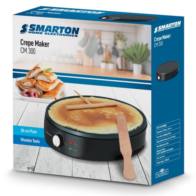 Κρεπιέρα Smarton CM 300 1200W με Ρυθμιζόμενη Θερμοκρασία Αντικολλητική Επιφάνεια 30cm και Ξύλινα Βοηθητικά Εργαλεία Μαύρη
