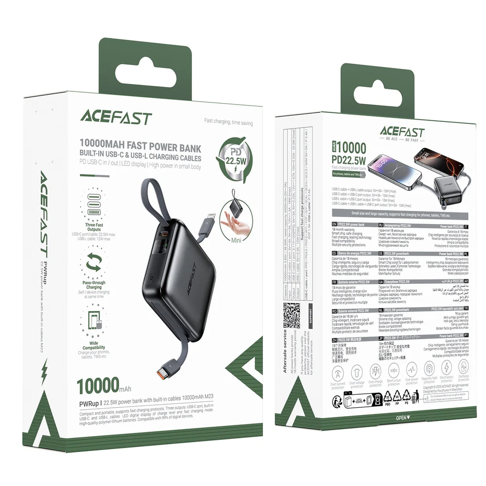 Power Bank Acefast M23 Mini 10000mAh PD22.5W Fast Charging με Ενσωματωμένα Καλώδια 1xUSB-C και 1xLightning και 1xUSB-C Θύρα Μαύρο