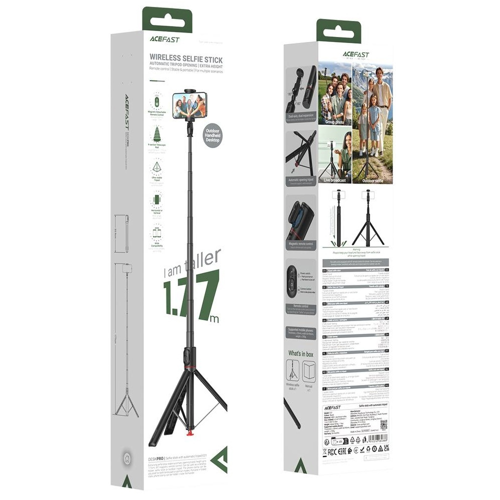 Selfie Stick/Τρίποδο Acefast E3 για Συσκευές 4.5"-7.0" Επεκτεινόμενο έως 1.77m με Τηλεχειριστήριο Μαύρο